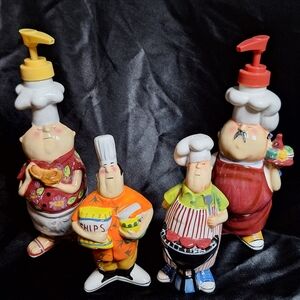 Vintage 4 Pc. Condiment Set~Tracy Flickinger~Masters Of The Grill~Hand Painted